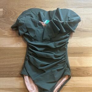 JCrew Women's matte richer one piece swimsuit with ruffles in Cypress